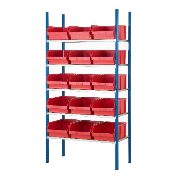 Kit rayonnage 5 niveaux 50 x 100 x 200cm avec 16 bacs 48,5 x 31cm et recouvrements bois-Lire la description