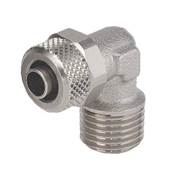 Raccords "Push on" pour tubes - Coude conique - Laiton nickelé - R1/4" M - Ø6X4 mm - 18 bar-Lire la description