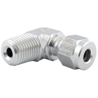Raccord à double bague de comp. pour tubes inox - Raccord coudé conique - Inox - R3/8" M - Ø10mm-Lire la description