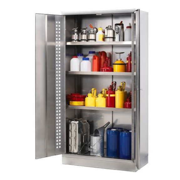 Armoire pour produits polluants Inox W-103.6, corps et portes inox, 3 étagères, 1 bac au sol Armoire pour produits polluants Inox W-103.6, corps et portes inox, 3 étagères, 1 bac au sol-Lire la description