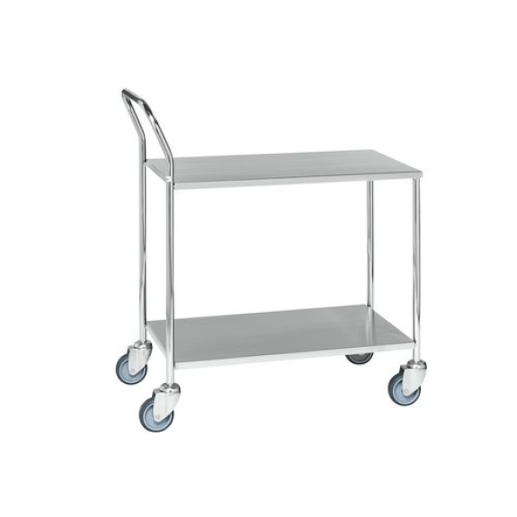 Servante , galvanisée, 2 plateaux revêtus d'inox, charge adm. : 150 kg, 4 roues pivotantes, frein-Lire la description