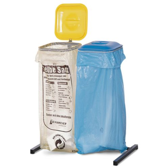 Support de sac-poubelle, sur pied, pour 2 sacs, 1 couvercle bleu, 1 couvercle jaune-Lire la description
