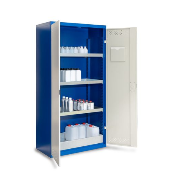 Armoire pour produits chimiques Protect CS 104, avec portes battantes, bac au sol et 3 bacs-étagères-Lire la description