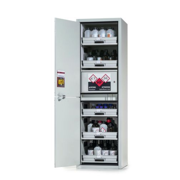 Armoire acides et bases SL-Plus, 5 étagères coulissantes, 1 box acide fluorhydrique, porte gauche-Lire la description