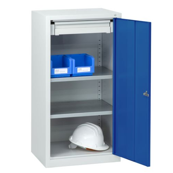Armoire d'appoint avec 1 tiroir, 2 tablettes, L 500, P 500, H 1000 mm, gris, porte bleue-Lire la description