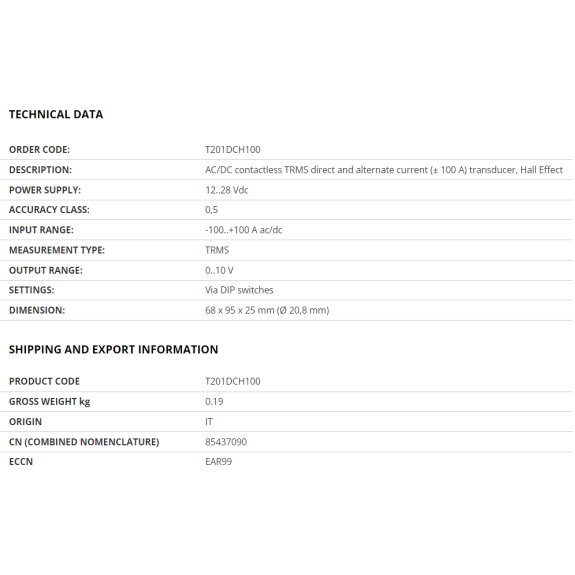 Transductor de corriente CA/CC de efecto Hall TRMS (Â± 100 A) con salida de 0..10 V, T201DCH100-Leer más