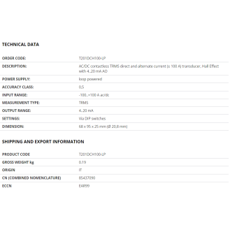 AC/DC (Â± 100 A) Hall-Effekt TRMS-Stromwandler mit 4..20 mA Ausgang, T201DCH100-LP-Beschreibung lesen