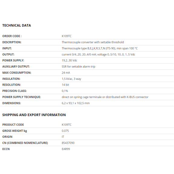 Convertitore optoisolato TC/V-I con soglia regolabile, K109TC-Leggi tutto