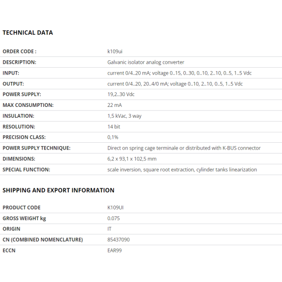 Convertidor V-I/V-I optoaislado, K109UI-Leer más