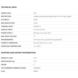 Indicatore loop powered a 4 cifre, ingresso 4..20 mA, S315-Leggi tutto