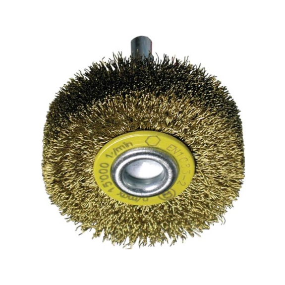 Rundbürste D. 70 mm Drahtstärke 0,2 mm Messing 18 mm 15000 min-¹ Rundbürste D. 70 mm Drahtstärke 0,2 mm Messing 18 mm 15000 min-¹-Beschreibung lesen
