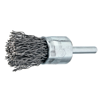 Cepillo metálico, brocha ATORN, Ø 25 x 25 mm, eje 6 mm, alam. ac. crimp. 0,5 mm-Leer más