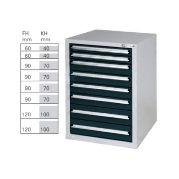 Armario bajo HK GS 8, 800x570x680 mm con 8 cajones ext. compl. RAL 7035/7016-Leer más