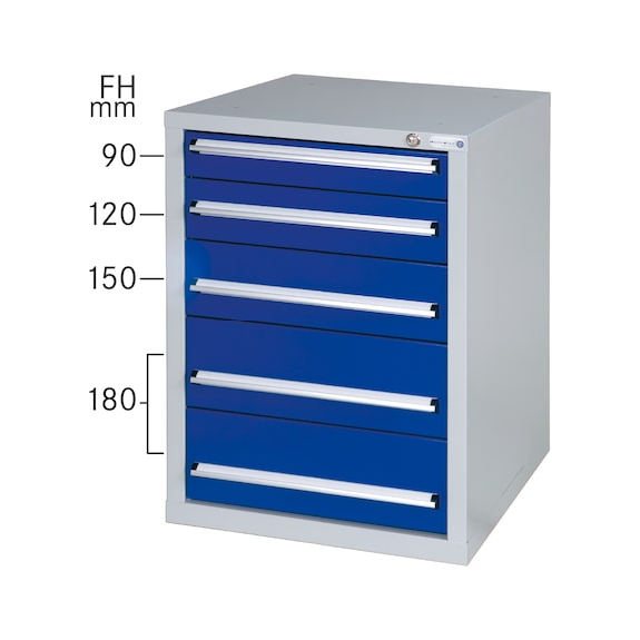 Armario bajo HK GS 5, 800x570x680 mm con 5 cajones ext. compl. RAL 7035/7016-Leer más