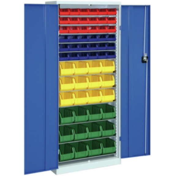 Armario de puertas de hoja con estantes, modelo 2 con cajas de almacenamiento RAL 7035/5010 Armario de puertas de hoja con estantes, modelo 2 con cajas de almacenamiento RAL 7035/5010-Leer más