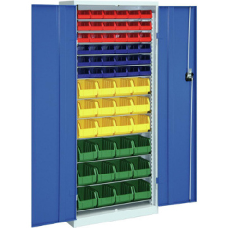 Armario de puertas de hoja con estantes, modelo 2 con cajas de almacenamiento RAL 7035/5010-Leer más