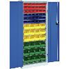 Armario de puertas de hoja con estantes, modelo 2 con cajas de almacenamiento RAL 7035/5010