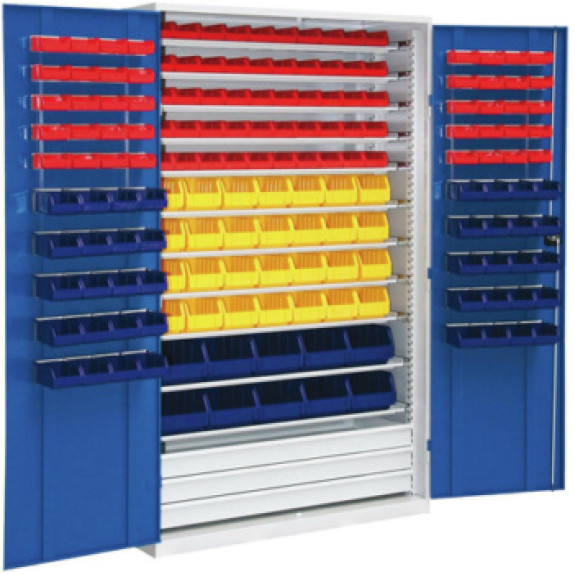 Armario de puertas con estantes HK, mod. 4 con cajas de almacenamiento RAL 7035/5010 Armario de puertas con estantes HK, mod. 4 con cajas de almacenamiento RAL 7035/5010-Leer más