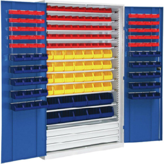 Armario de puertas con estantes HK, mod. 4 con cajas de almacenamiento RAL 7035/5010-Leer más