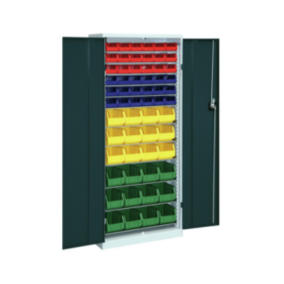 Armario de estantes HK con puertas, modelo 2 con cajas de almacenamiento RAL 7035/7016 Armario de estantes HK con puertas, modelo 2 con cajas de almacenamiento RAL 7035/7016-Leer más