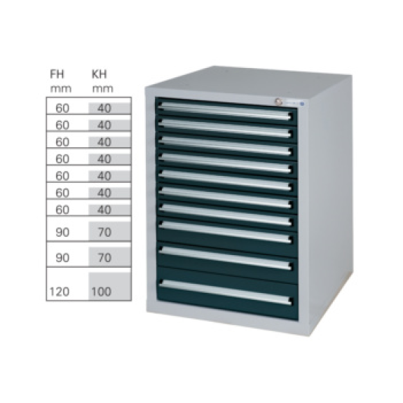 Armario bajo HK GS 10, 800x570x680 mm con 10 cajones ext. compl. RAL 7035/7016-Leer más
