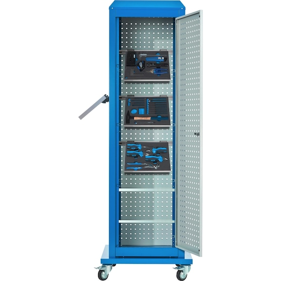 ToolTower RasterPlan móvil 2175x700x700 mm 4 pan. perf. + puerta RAL 7035/5010-Leer más