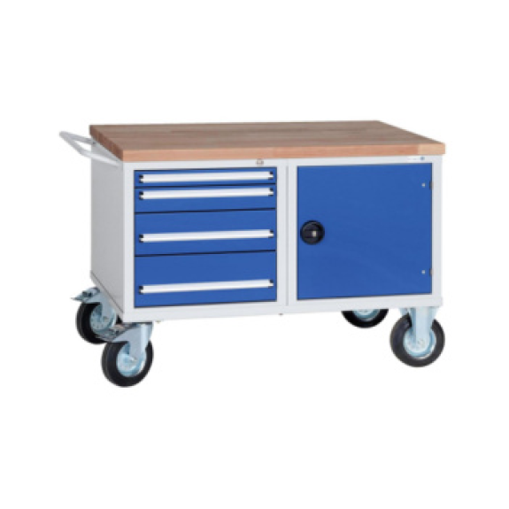 Carro banco trab. HK, 850x1150x700 mm, 4 cajones/1 puerta, RAL 7035/5010-Leer más