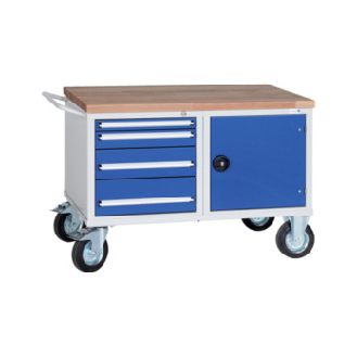 Carro banco trab. HK, 850x1150x700 mm, 4 cajones/1 puerta, RAL 7035/5010-Leer más