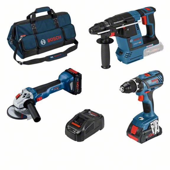 Kit combin Bosch 3 pices. 18V : GSR + GWS + GBH + 2 x ProCORE18V + GAL + trousse outils Kit combin Bosch 3 pices. 18V : GSR + GWS + GBH + 2 x ProCORE18V + GAL + trousse outils-Leggi tutto