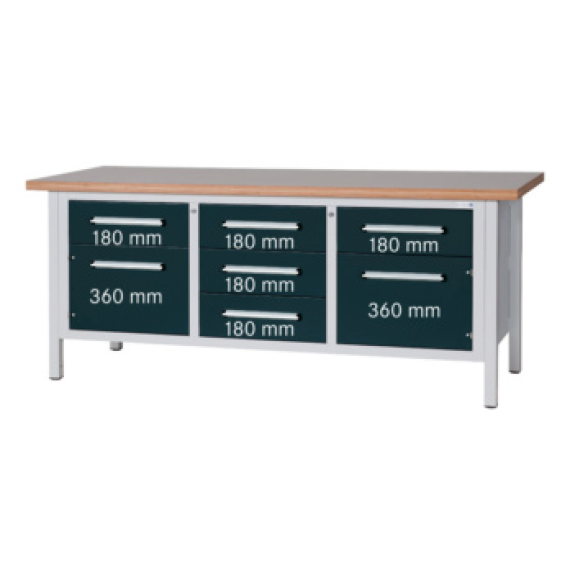 Banco trabj. HK, s. L, LxFxAlt 2000 x 750 x 840 mm, 5 caj., 2 pt., RAL 7035/701-Leer más