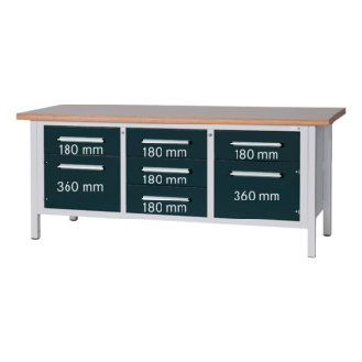 Banco trabj. HK, s. L, LxFxAlt 2000 x 750 x 840 mm, 5 caj., 2 pt., RAL 7035/701-Leer más
