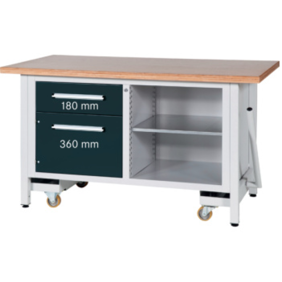 Banco de trabajo HK, long. 1500 con ruedas de transp. abatibles RAL 7035/7016-Leer más
