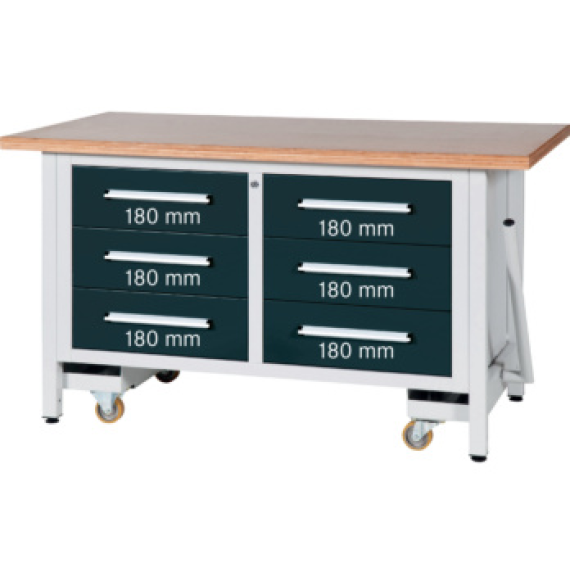 Banco de trabajo HK, L 1500, abat., 1500x750x840 mm RAL 7035/7016 6 cajones Banco de trabajo HK, L 1500, abat., 1500x750x840 mm RAL 7035/7016 6 cajones-Leer más