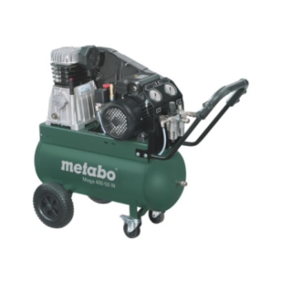 Compressore d'aria a cinghia lubrificato con olio Metabo Mega 400-50 W con manometri di facile lettura e design mobile-Leggi tutto
