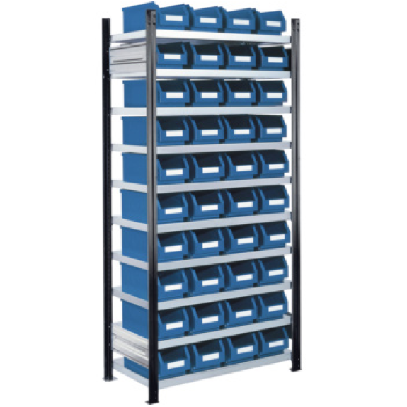 Unità scaffalatura inseribile RASTERPLAN con 10 ripiani zincati e scatole di stoccaggio Easy-View-Leggi tutto