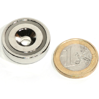 Aimant néodyme en pot d'acier avec trou de fixation 25mm, puissance 20kg-Lire la description