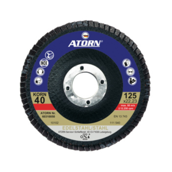 Disco de láminas abrasivas ATORN, grano 80, 125 mm, en ángulo, acero inox./acer-Leer más