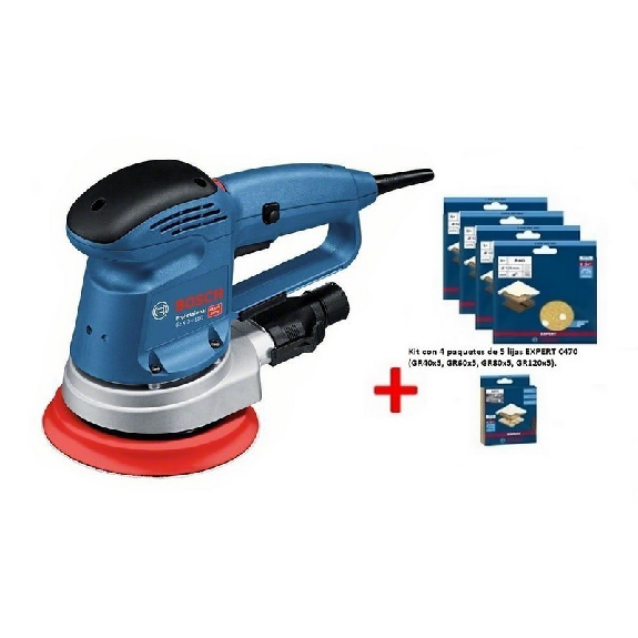 Lijadora excentrica BOSCH GEX 34-150 profesional + Juego de lijas BOSCH 4+1 discos 150mm surtidos + esponja de lija-Leer más