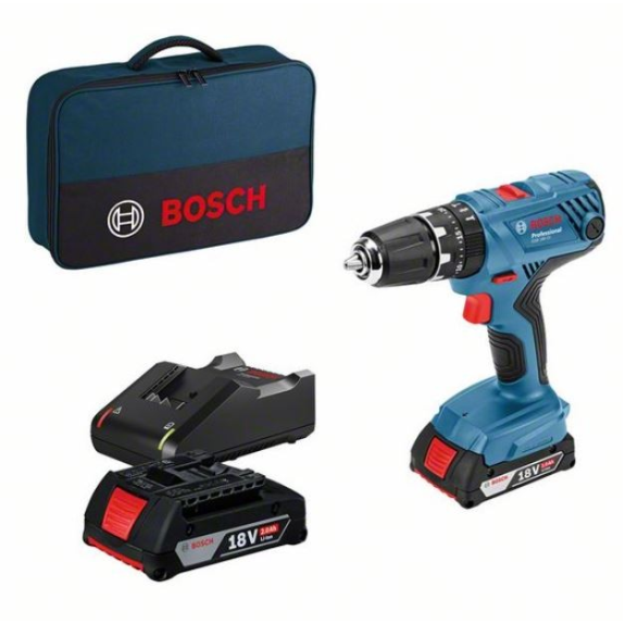 Taladro percutor BOSCH GSB 18V-21 + 2 baterías de 2,0 Ah y cargador en maleta de transporte - 0615990K41-Leer más