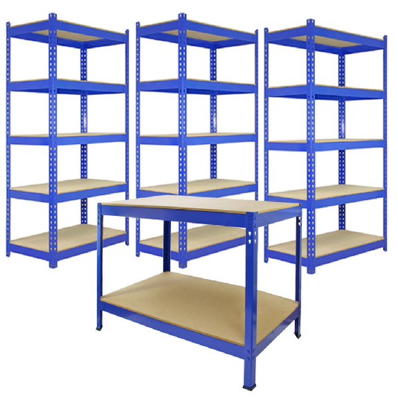 Scaffale da Garage ad Incastro Q-Rax - Blu - 90cm x 50cm - 3 Pezzi con Banco da lavoro da 120 cm-Leggi tutto