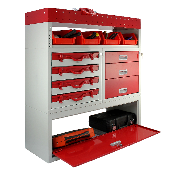 Set Flame con 1 Unità con Cassetti e 2 Scaffalature per Furgoni-Leggi tutto