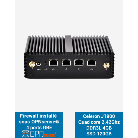 Firewall OPNsense Q1x Celeron J1900 4 ports Gigabit 4Go SSD 120Go-Lire la description