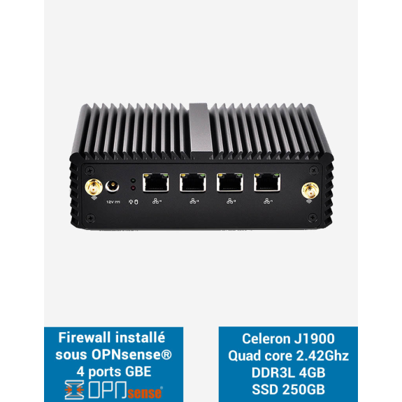 Firewall OPNsense Q1x Celeron J1900 4 ports Gigabit 4Go SSD 250Go Firewall OPNsense Q1x Celeron J1900 4 ports Gigabit 4Go SSD 250Go-Lire la description