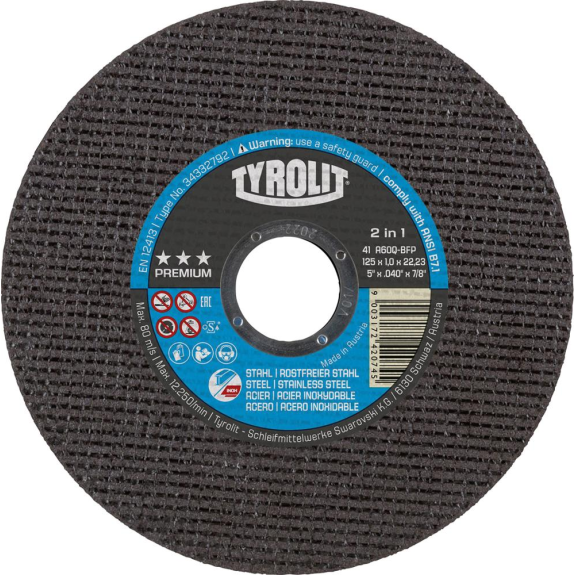 Trennscheibe 2in1 PREMIUM125x1,0 mm gerade Tyrolitfür Stahl/VA Tyrolit-Beschreibung lesen