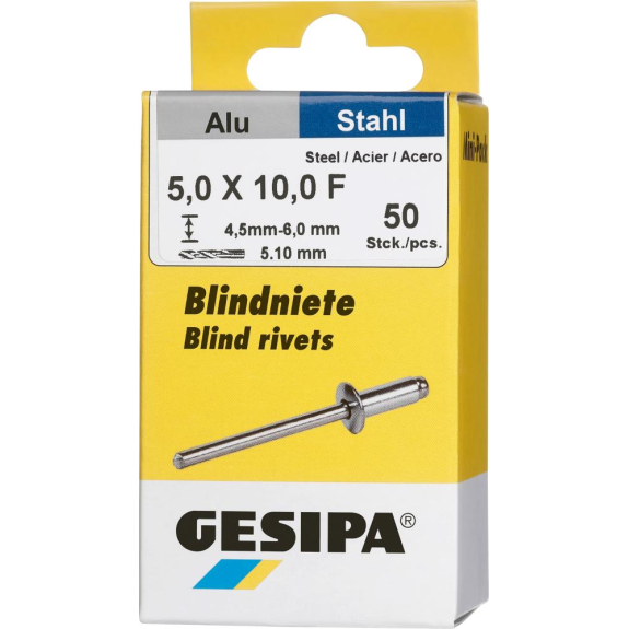 Blindniet Alu/Stahl Flachrundkopf Mini-Pack 5x10mm a 50Stück Blindniet Alu/Stahl Flachrundkopf Mini-Pack 5x10mm a 50Stück-Beschreibung lesen
