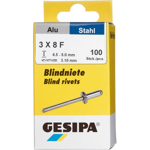 Blindniet Alu/Stahl Flachrundkopf Mini-Pack 3x8mm a 100Stück Blindniet Alu/Stahl Flachrundkopf Mini-Pack 3x8mm a 100Stück-Beschreibung lesen