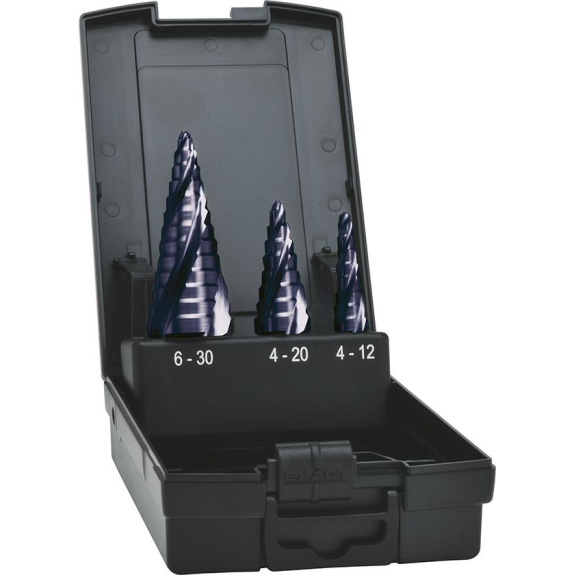 Stufenbohrer-Set HSS TiAlN mit Spiralnut 4-30 mm Stufenbohrer-Set HSS TiAlN mit Spiralnut 4-30 mm-Beschreibung lesen