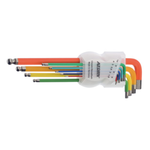 Juego llaves Allen hex. ATORN, 9 unidades, 1,5-10 mm, cabeza de bola, de colore Juego llaves Allen hex. ATORN, 9 unidades, 1,5-10 mm, cabeza de bola, de colore-Leer más