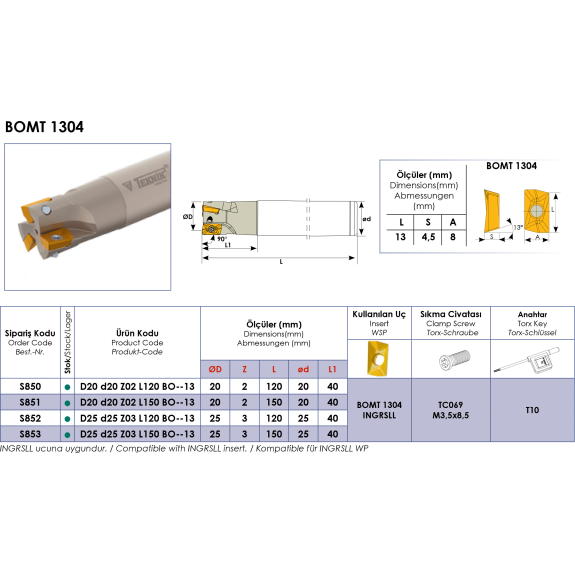 Schaftfräser für BOMT 1304 Wendeplatten Durchmesser 20mm und Länge 120mm-Beschreibung lesen