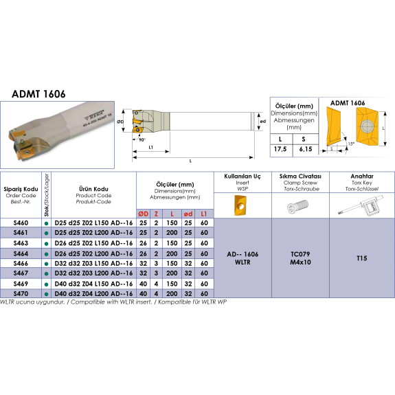 Schaftfräser für ADMT 1606 Wendeplatten Durchmesser 26mm und Länge 150mm-Beschreibung lesen